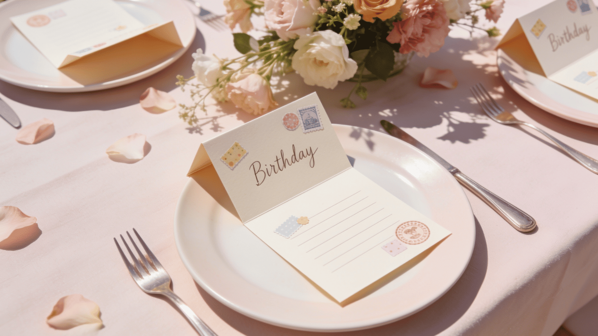 personalized cardstock name cards with stickers and stamps on a pastel birthday party table as place settings