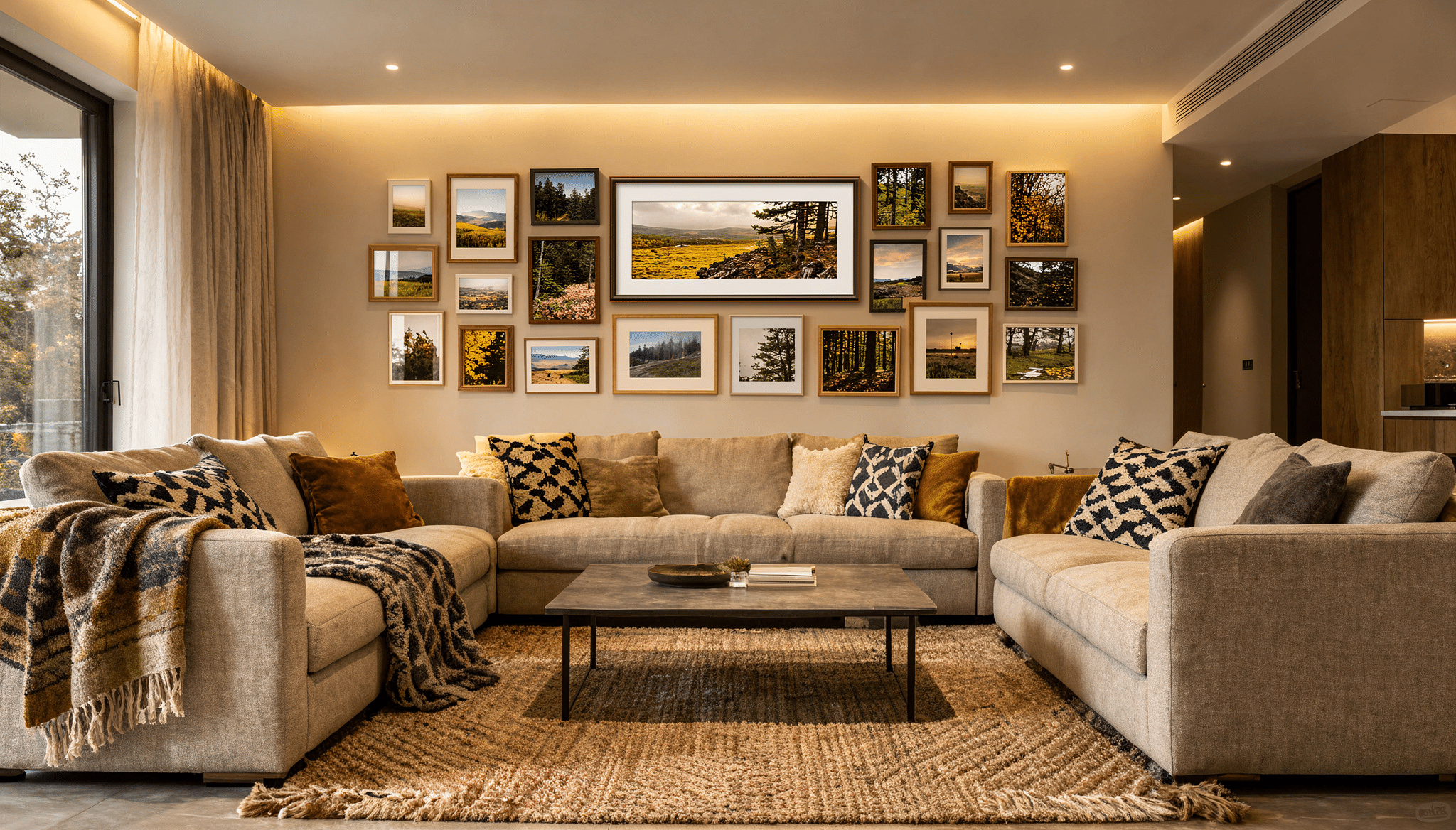 Photo collage wall with mixed-size nature photos arranged in a warm home space
