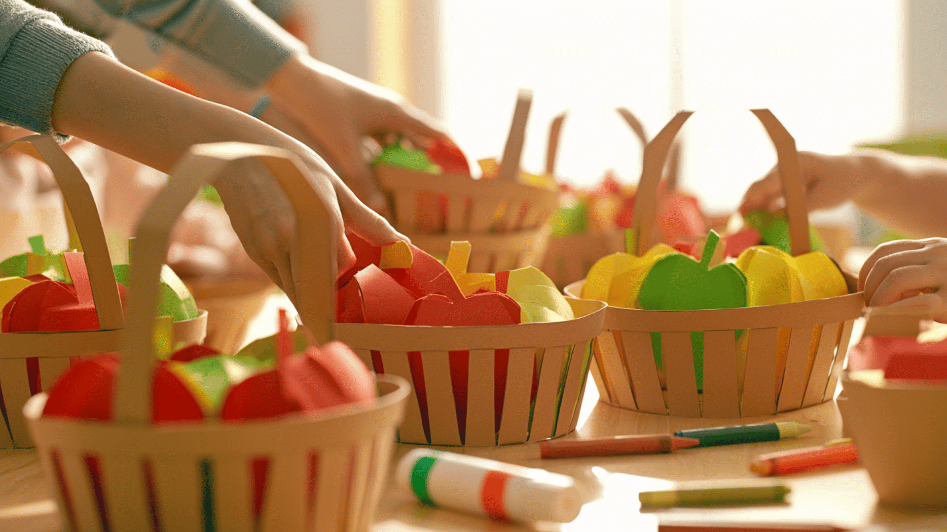 photo of a preschool craft table with apple basket crafts, brown paper basket cutouts, red, green, and yellow paper apples, glue sticks, crayons