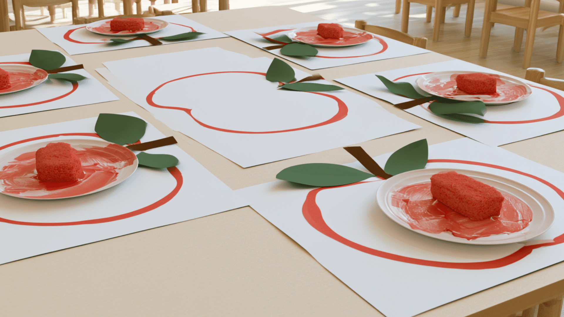 photo of a preschool craft table with sponge painted apple crafts, large apple outlines on white paper, red washable paint on paper plates