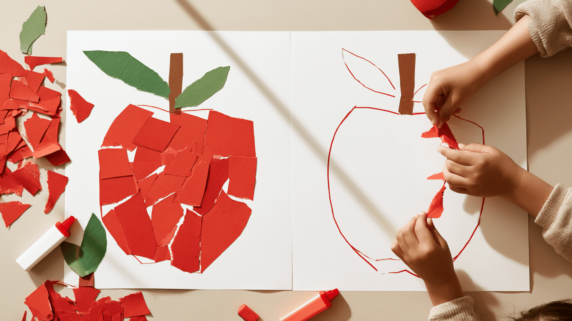 photo of a preschool craft table with torn paper apple crafts, large apple outlines on white paper, small red paper pieces, glue sticks, green leaves, brown stems, child-safe classroom setup, litt