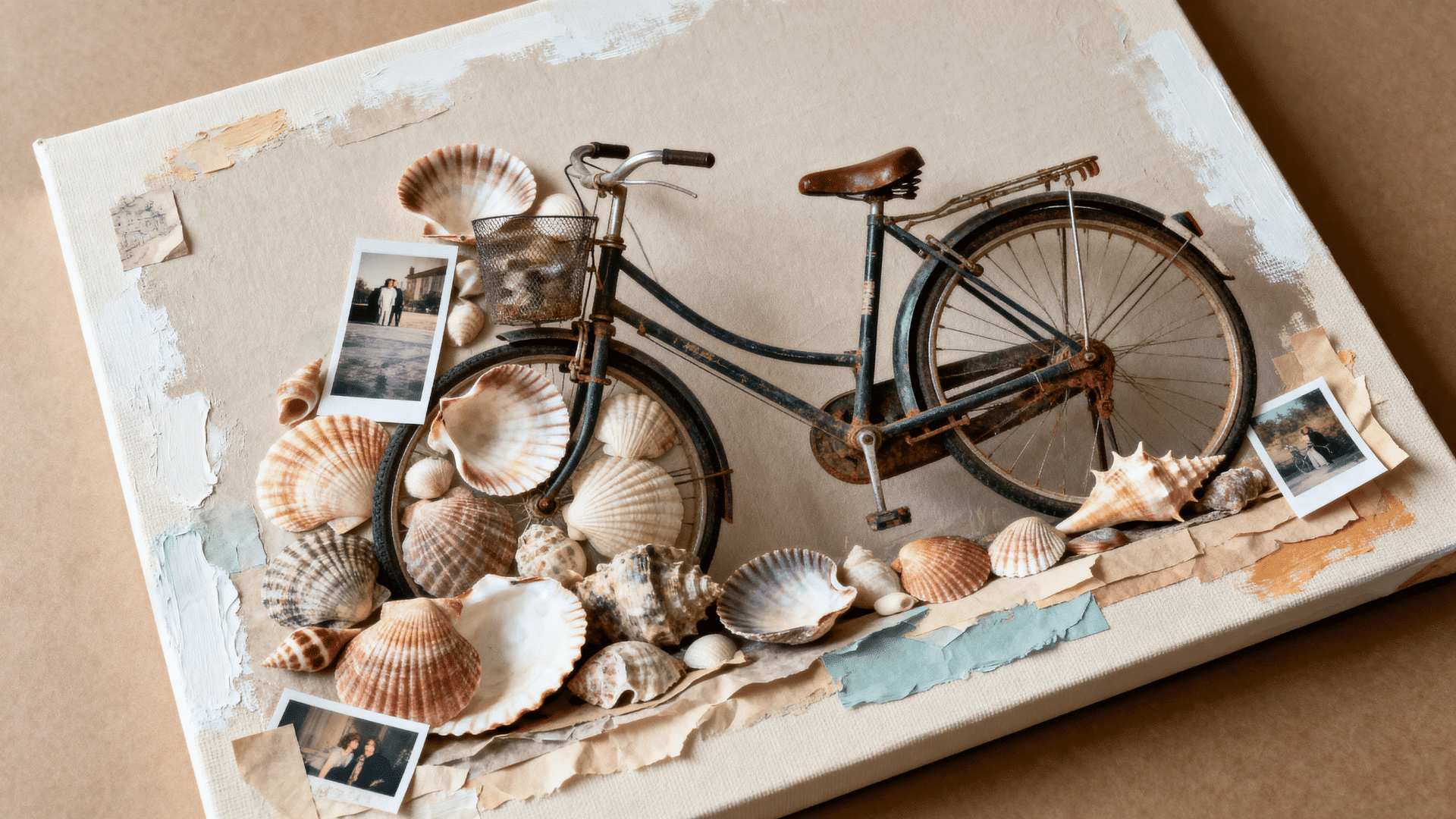 photo transfer mixed media art with a seashell image soft paint and layered paper details