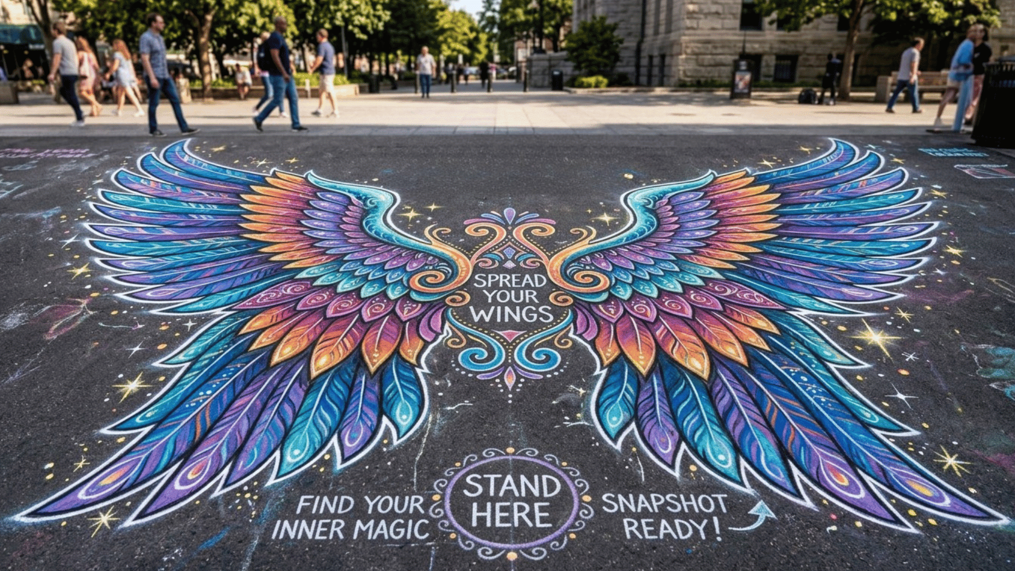 large photo booth wings chalk art design with symmetrical angel or butterfly wings