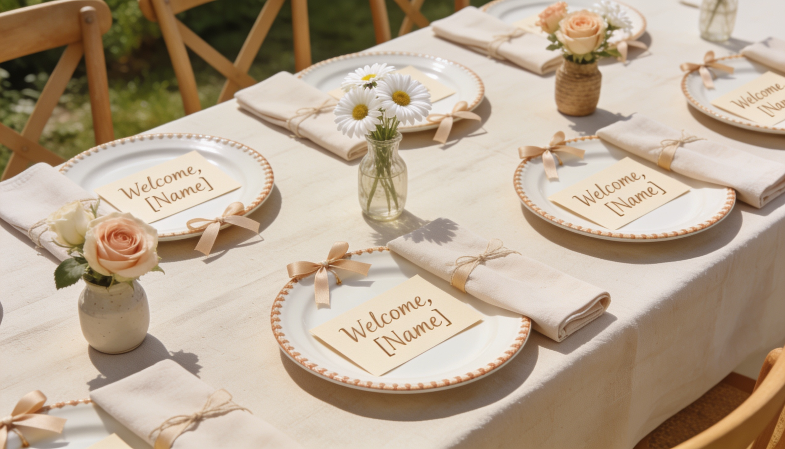 Personalized place cards on plates for a warm birthday dinner table setup.