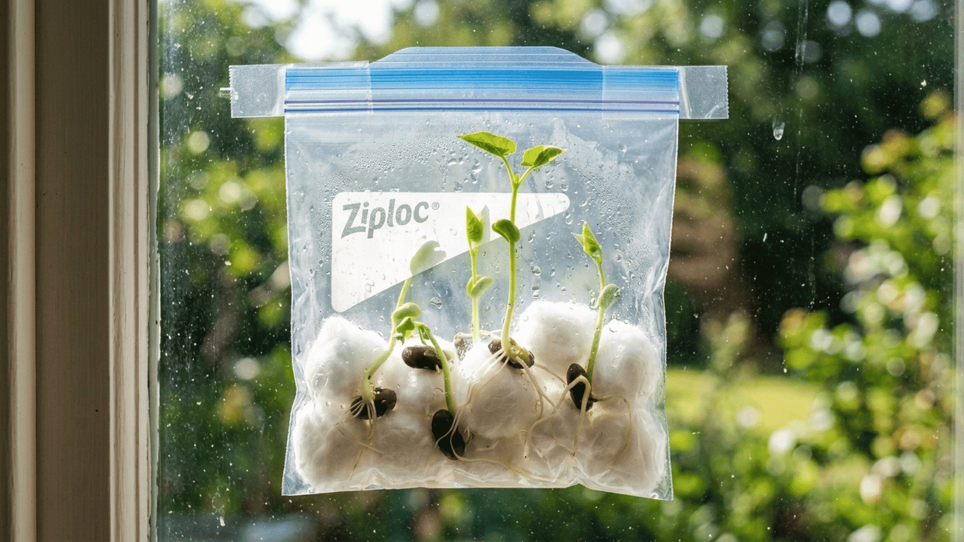 seeds sprouting on damp cotton balls inside a sealed plastic bag taped to a sunny window