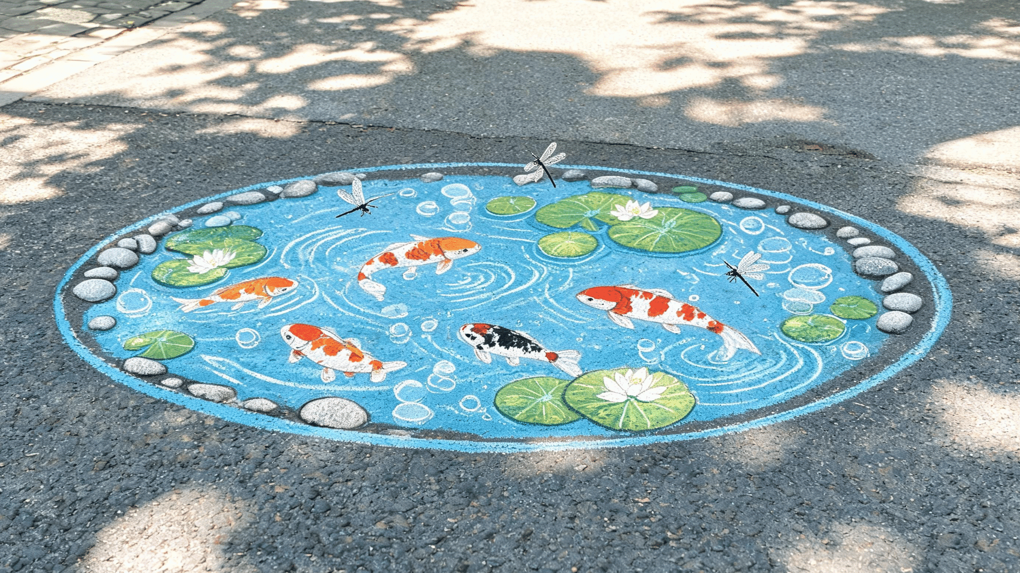 peaceful chalk art fish pond on pavement with an oval pond shape, colorful fish
