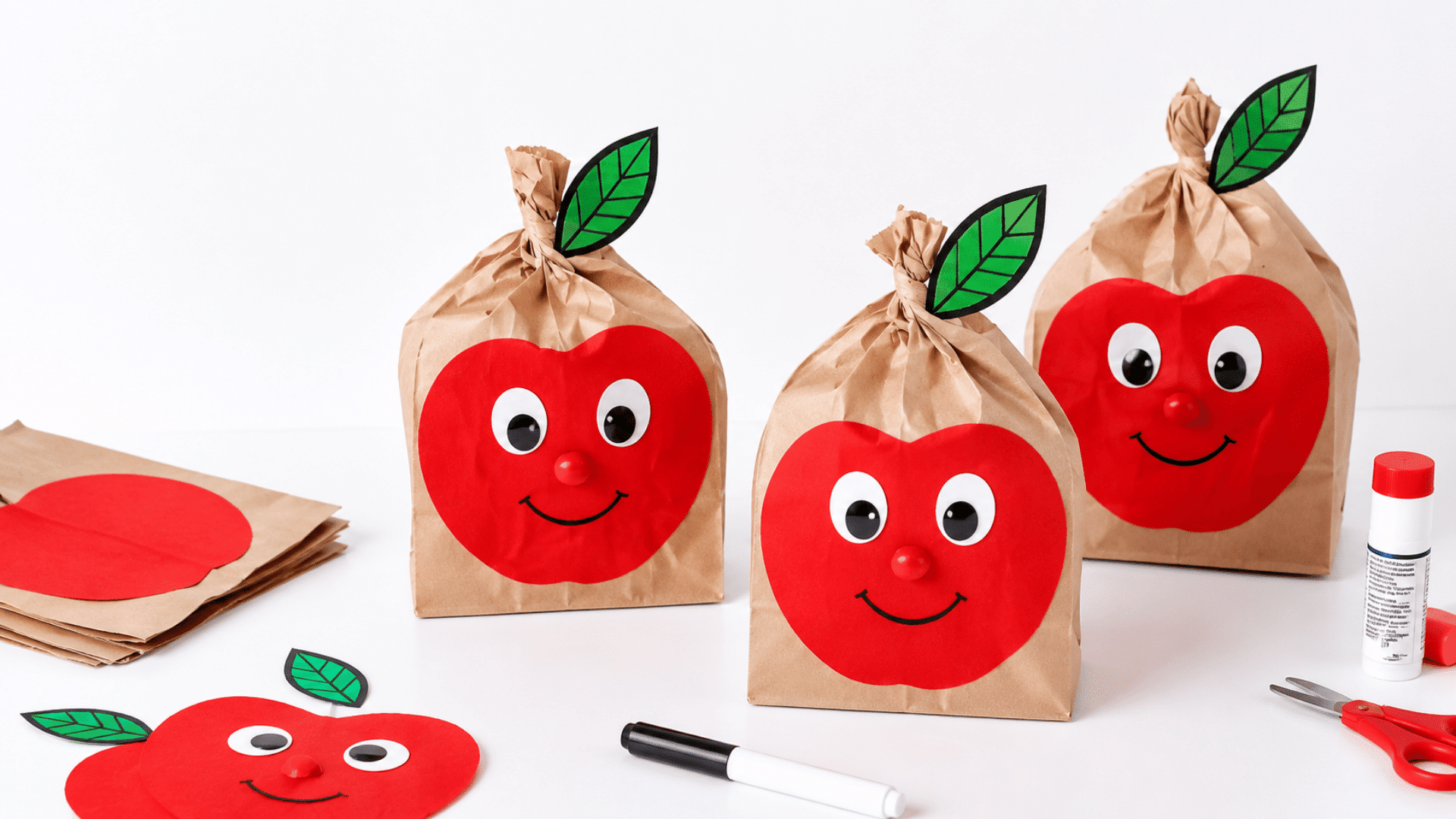 preschool craft table with paper bag apple puppet crafts, brown paper lunch bags, red apple-shaped paper pieces, green leaves, brown stems, paper eyes