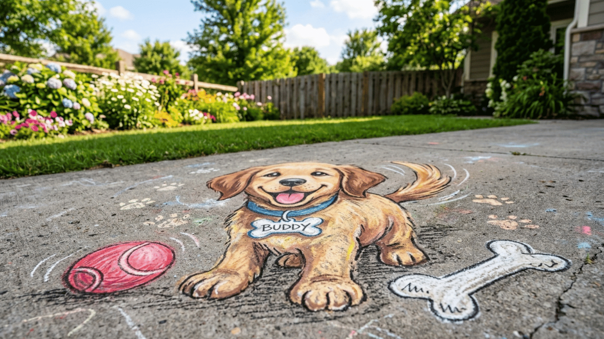 playful chalk art puppy on a driveway with floppy ears, big eyes, wagging tail, paws