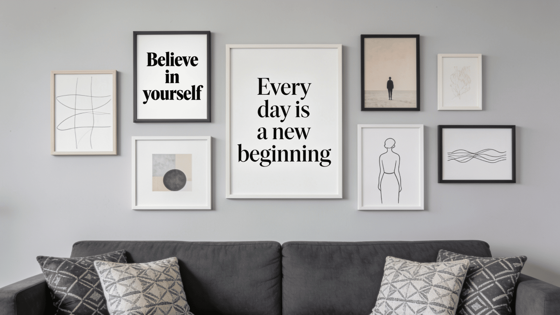 quote typography inspirational gallery wall with typography prints minimalist artwork and neutral framed decor above a sofa