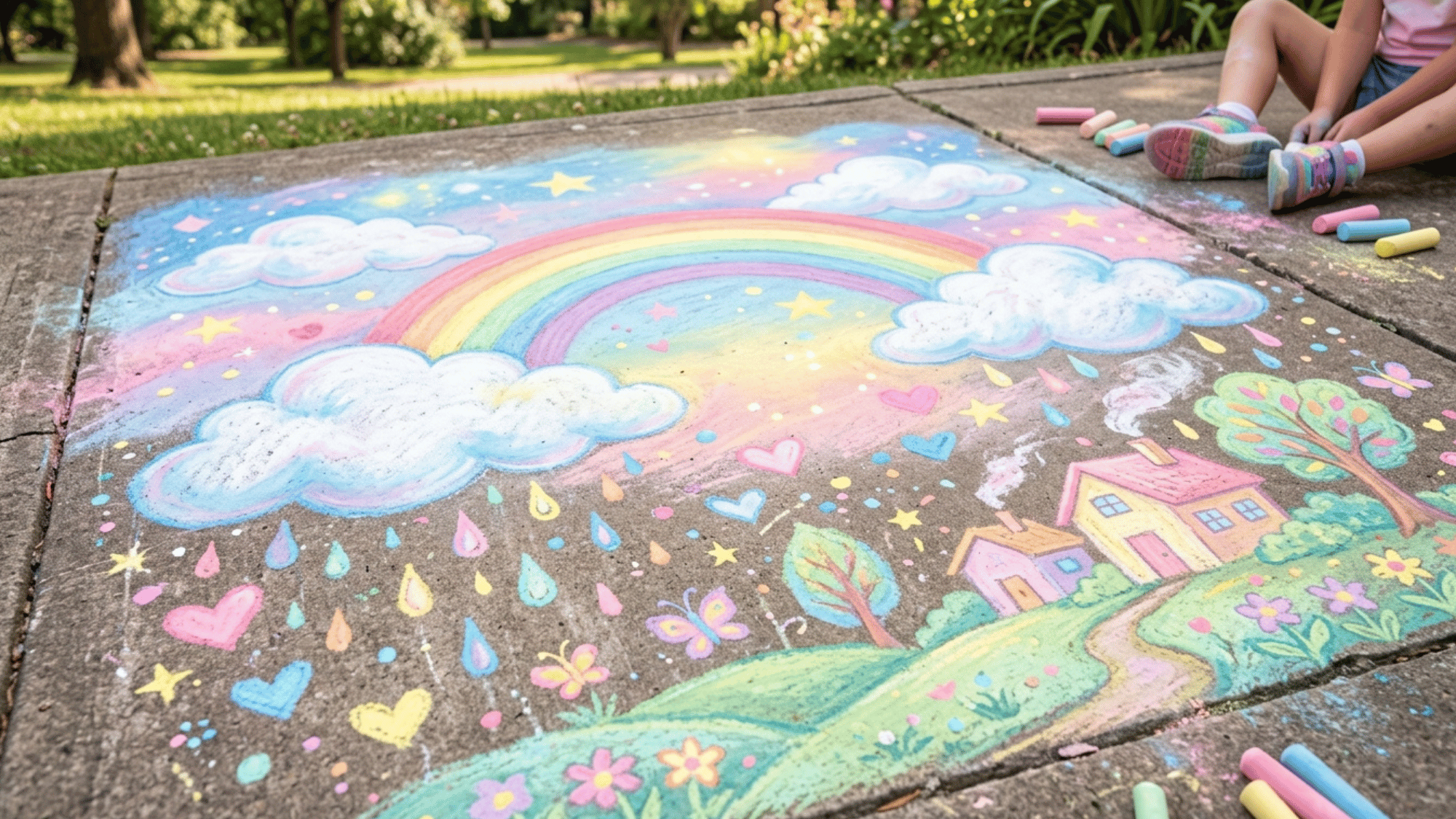 dreamy sidewalk chalk art scene with puffy clouds connected by a rainbow