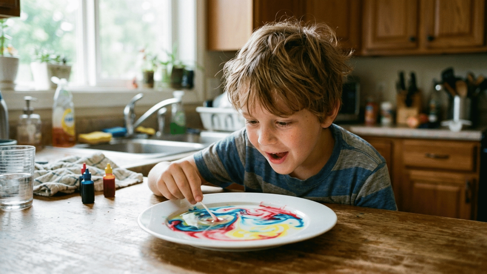 young american child watching food coloring swirl in a plate of milk during a fun science experiment at home