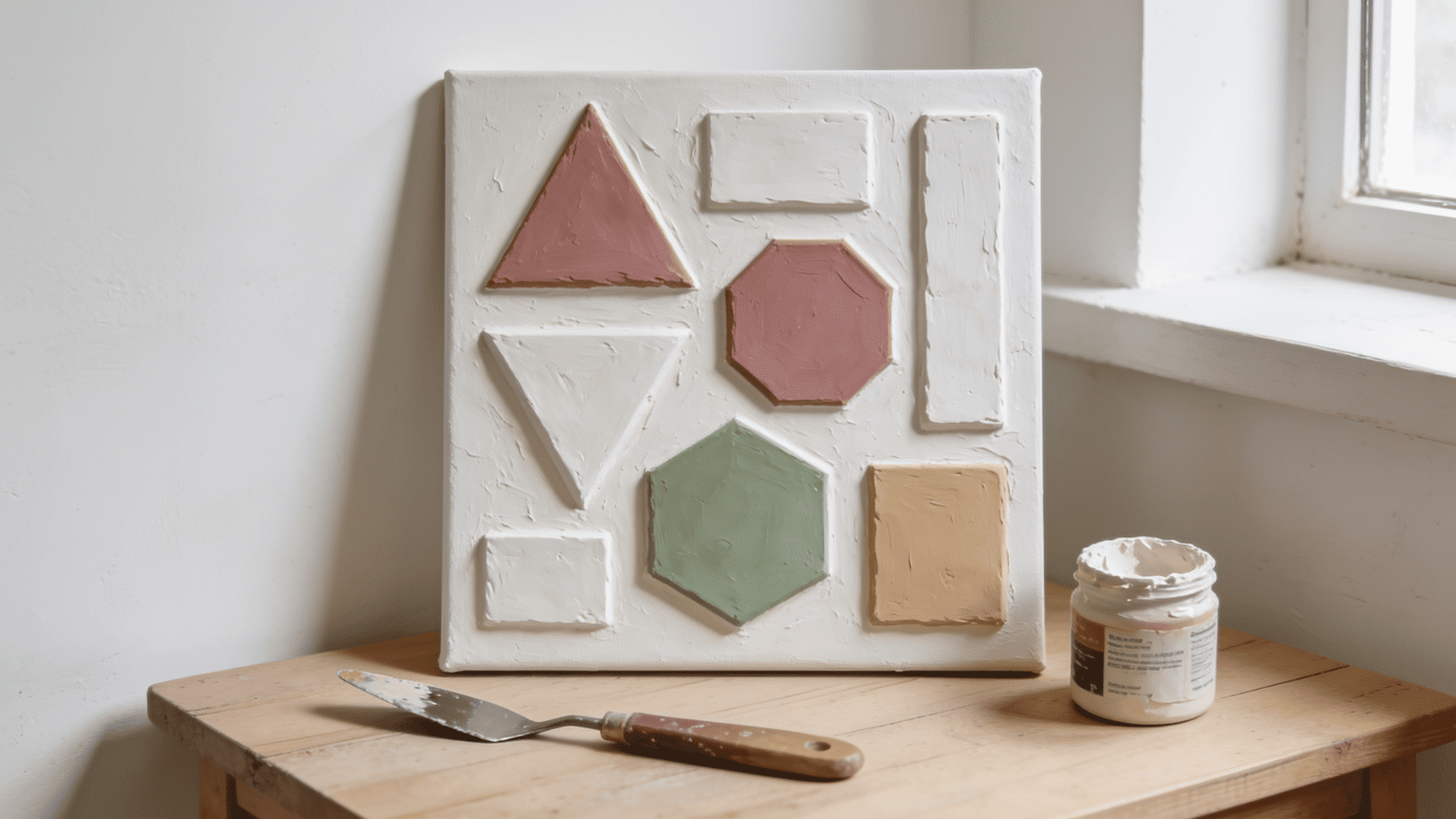 raised geometric plaster art on canvas with dusty rose sage green and beige tones on wooden table with palette knife