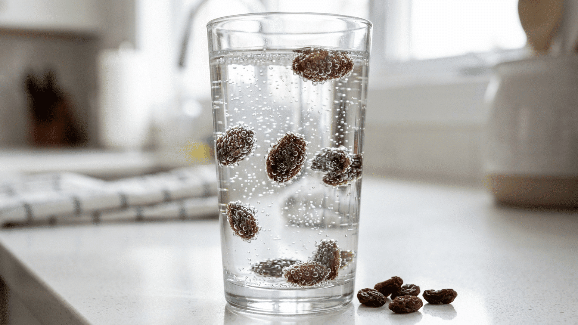 raisins dance up and down in a glass of sparkling water as bubbles lift and release them