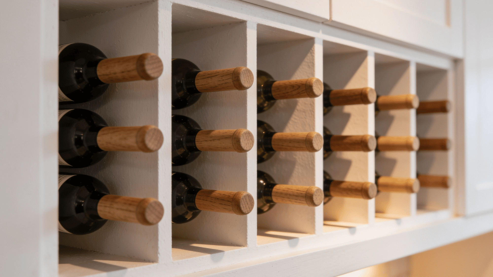 recessed built in wall niche wine rack with wood dowels flush white wall soft interior light