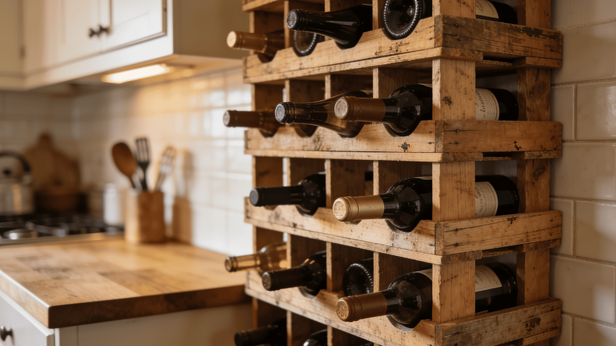 repurposed oak wine barrel cut in half with wooden rails holding wine bottles rustic dining room
