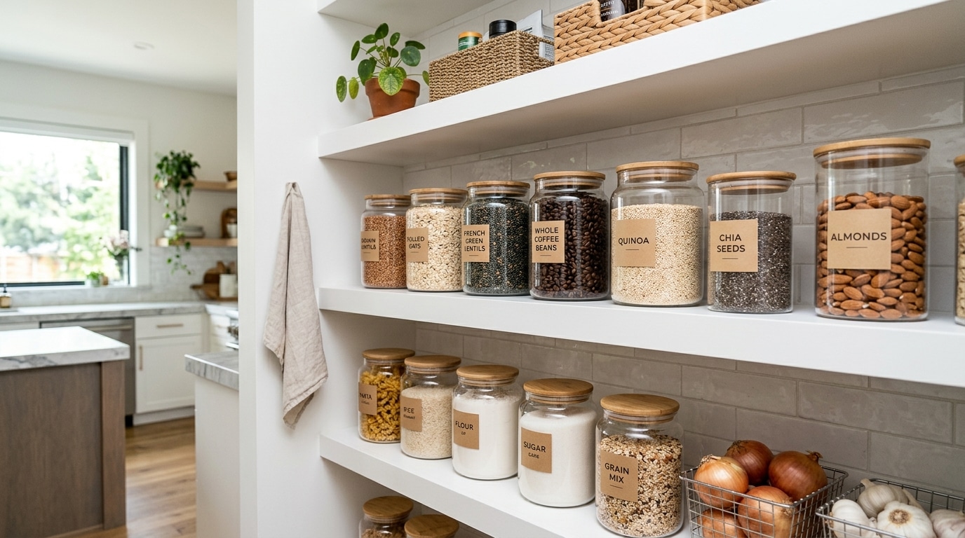 Repurposed glass jars storing oats, lentils, coffee, and pantry staples.