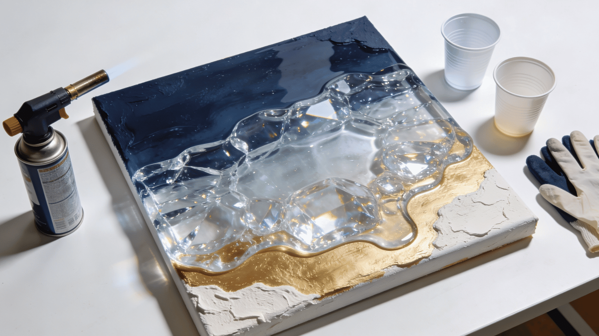 resin over plaster art on canvas in deep navy and gold with glossy epoxy finish