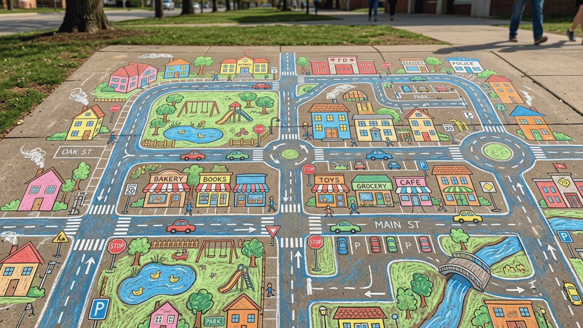 creative sidewalk chalk city road map with connected roads, houses, shops, traffic signs