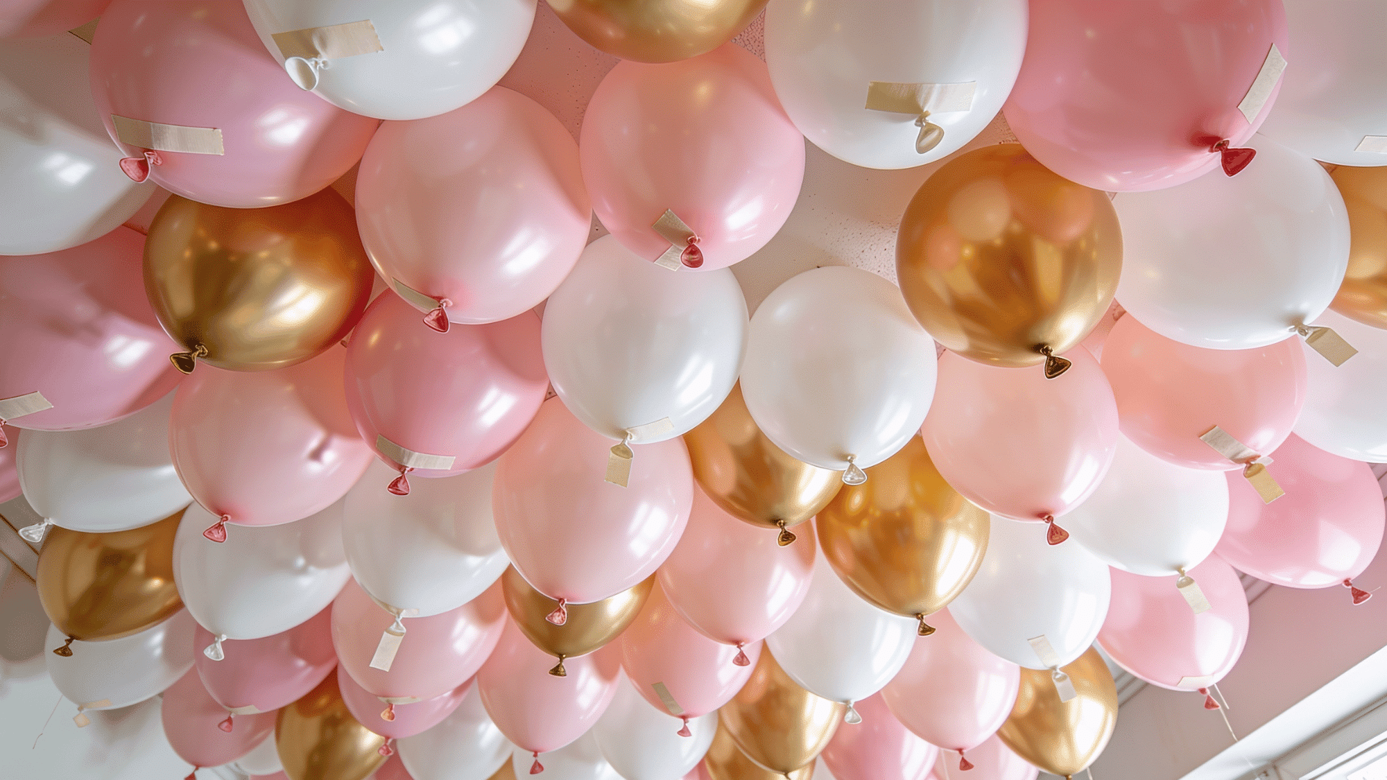 room ceiling covered in pastel pink white and gold balloons of various sizes as a diy birthday decoration