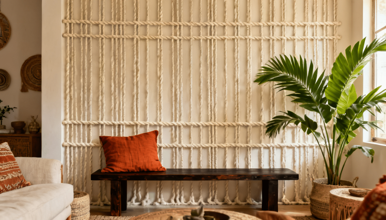 A thick cream twisted rope accent wall in a dense grid pattern above a dark wooden bench