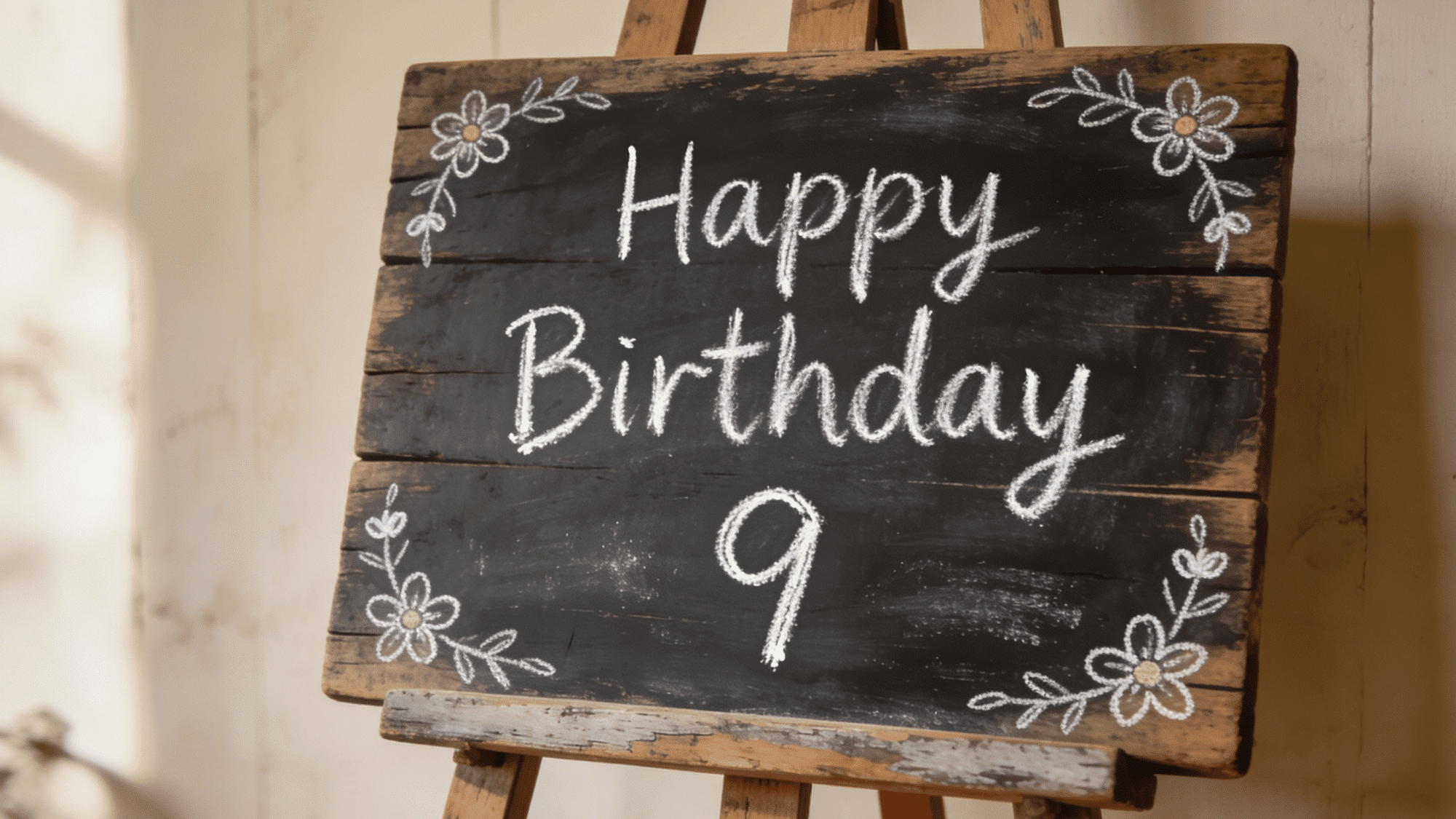 rustic chalkboard birthday sign with chalk marker lettering and flower doodles propped on a wooden easel