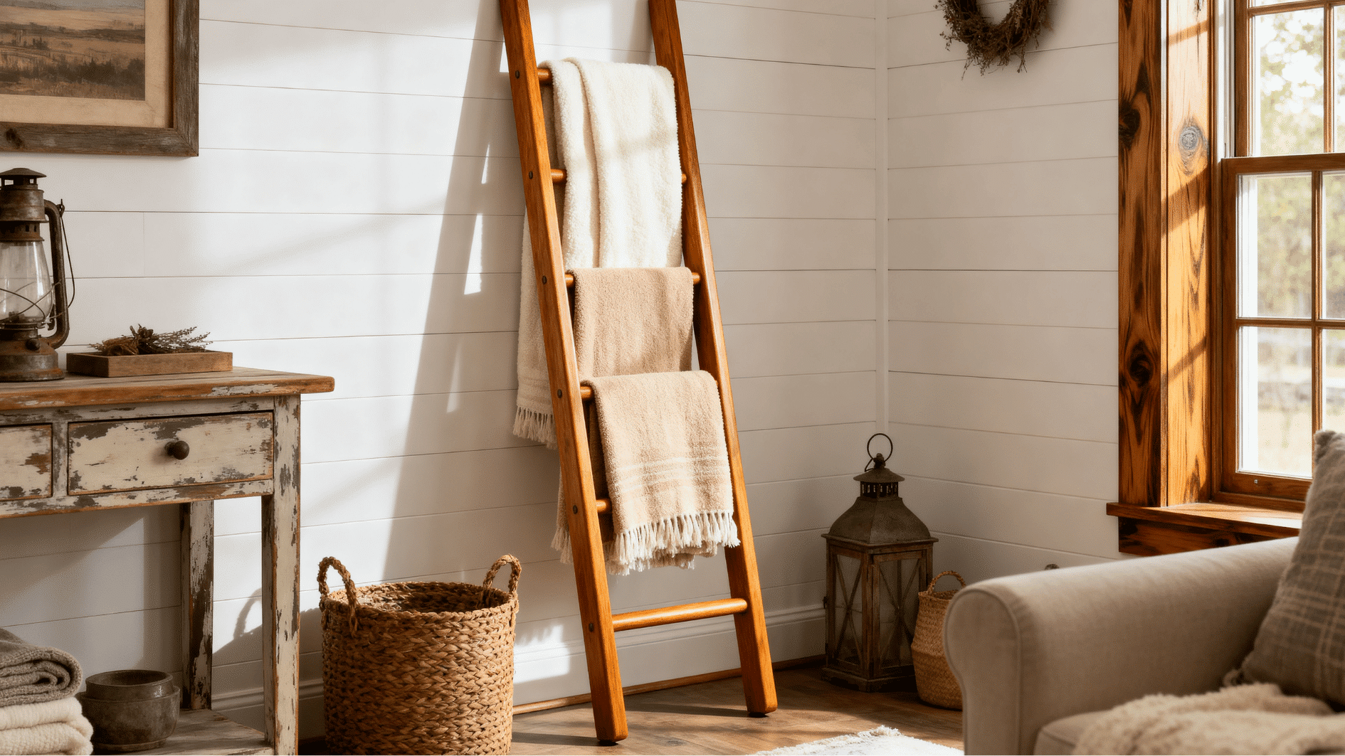 rustic farmhouse blanket ladder with cozy throws leaning against a white shiplap wall in a warm room