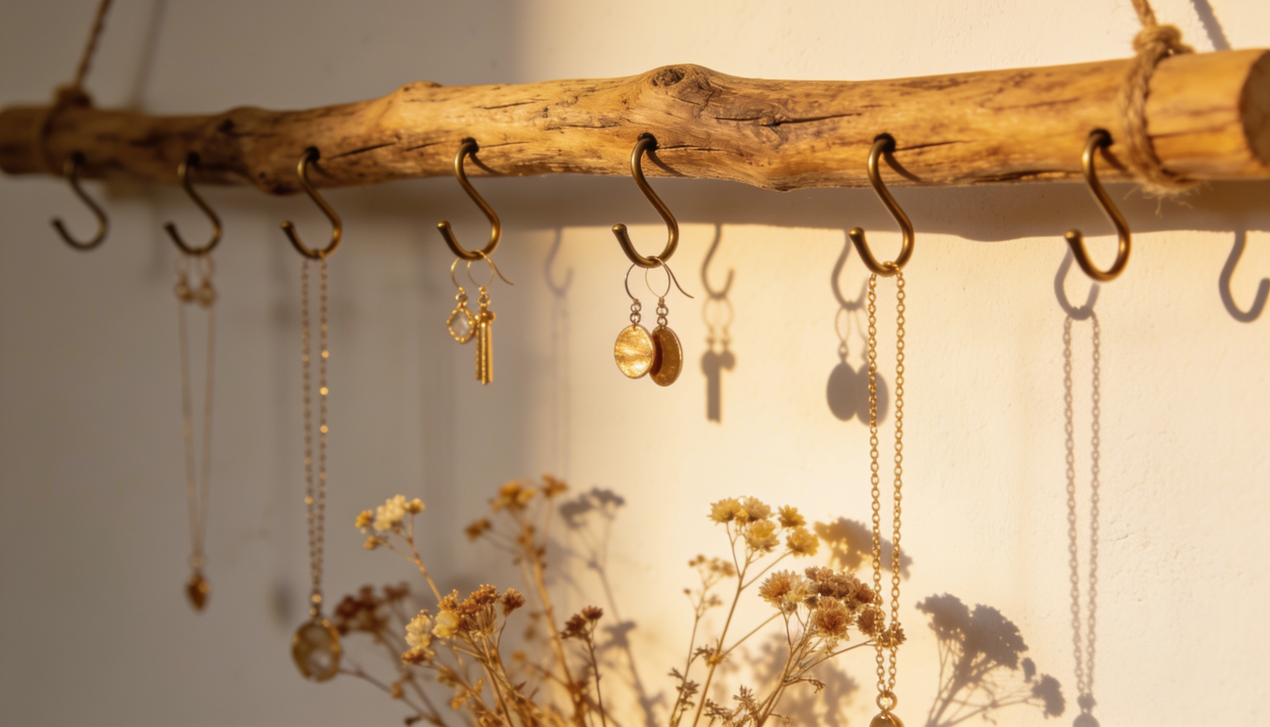 DIY rustic driftwood branch wall organizer with twine and S-hooks holding necklaces and bracelets in a cozy bedroom setting.