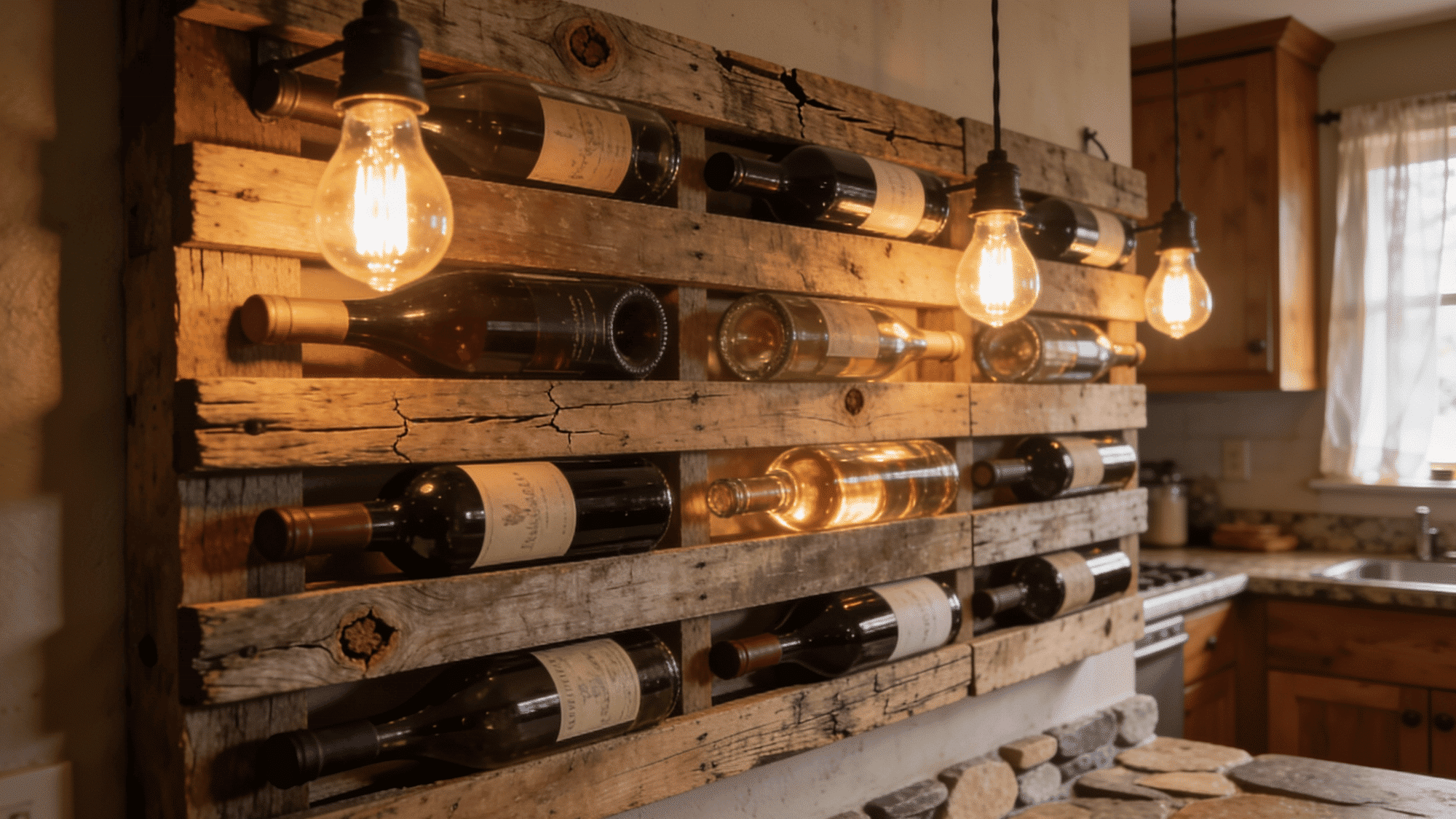 rustic reclaimed pallet wood wine wall with bottles stored horizontally warm kitchen interior