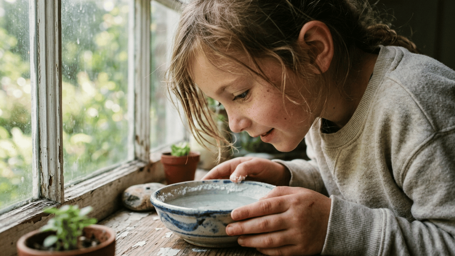 girl child looking at salt crystals forming in a bowl of saltwater on a windowsill