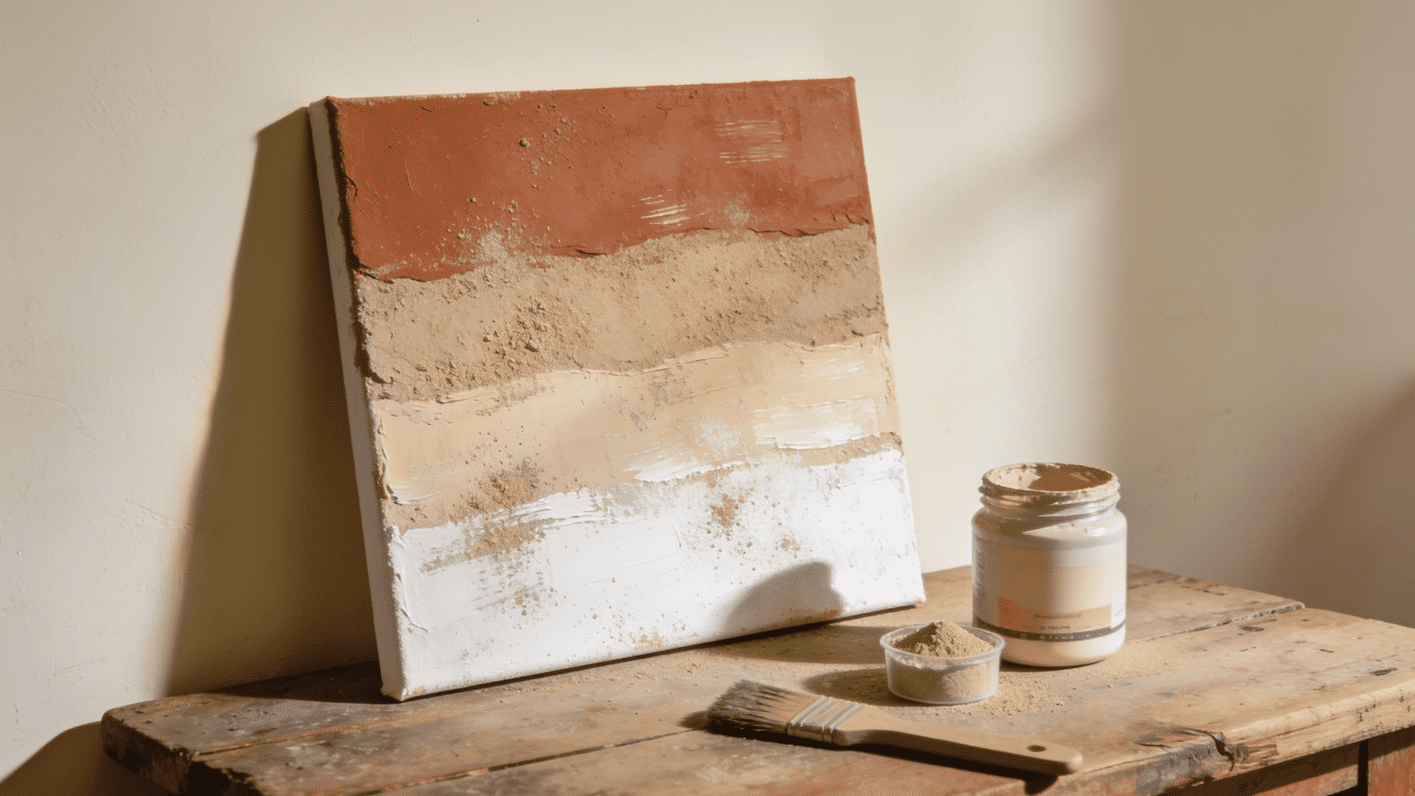 sand gesso textured painting canvas in terracotta beige and dusty white on rustic wooden table with gesso jar and brush