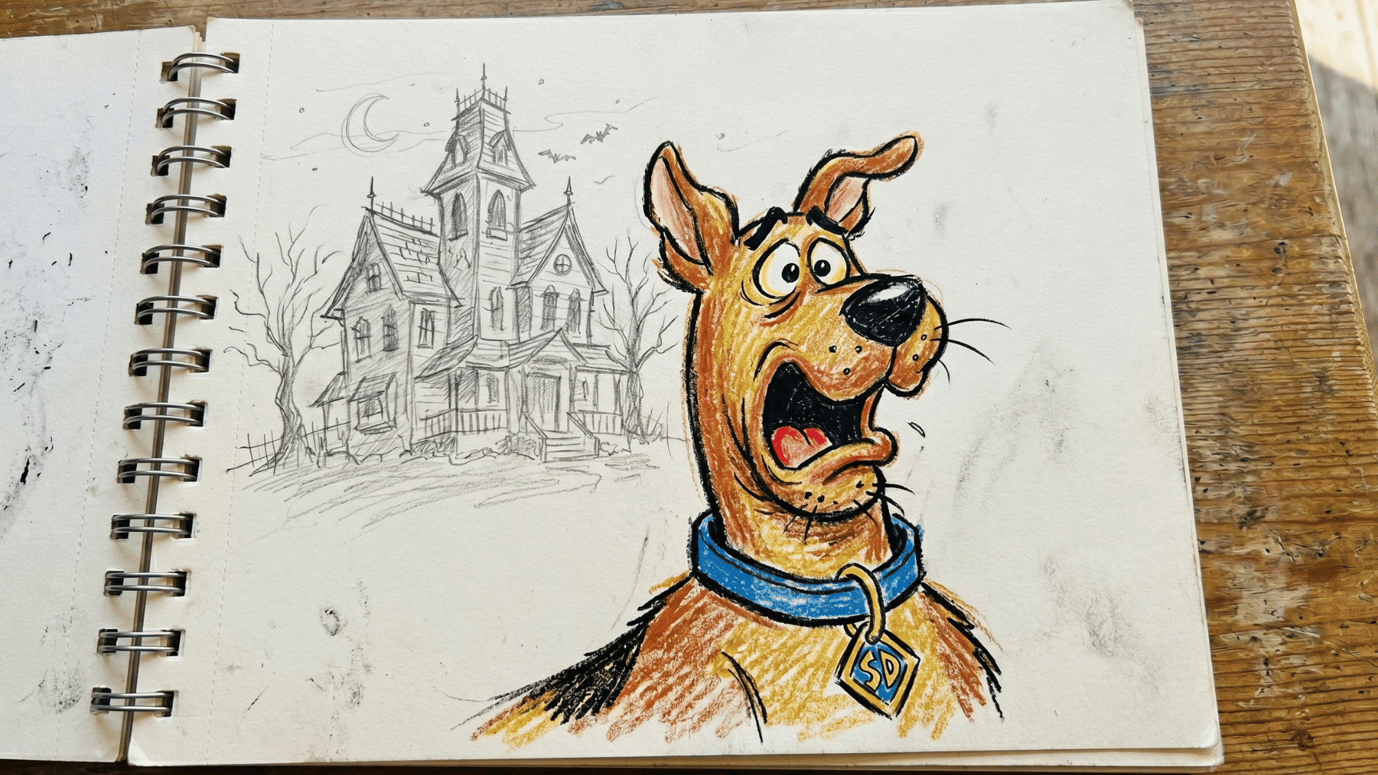 pencil sketch of scooby doo with the haunted house at background