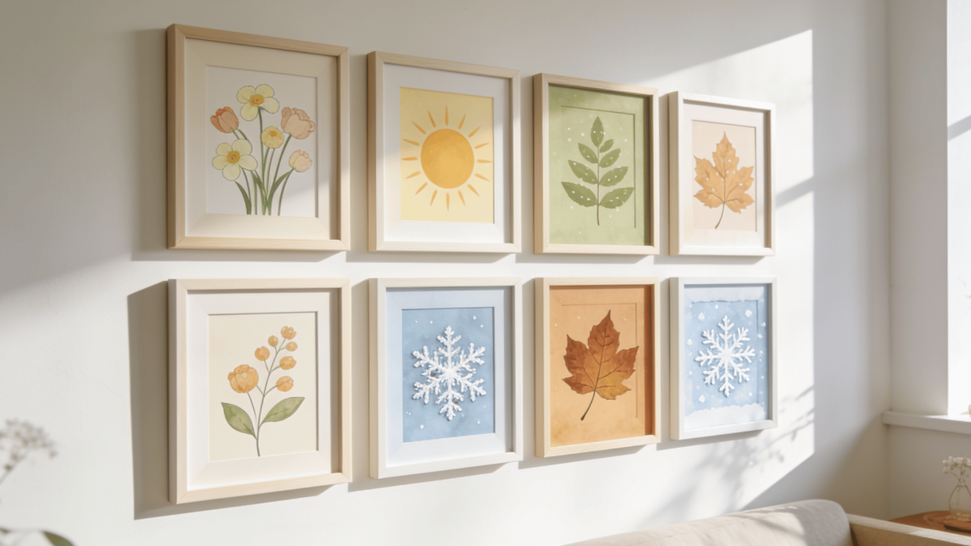 seasonal awap wall botanical prints in matching frames featuring flowers leaves sun and snowflakes on a bright wall