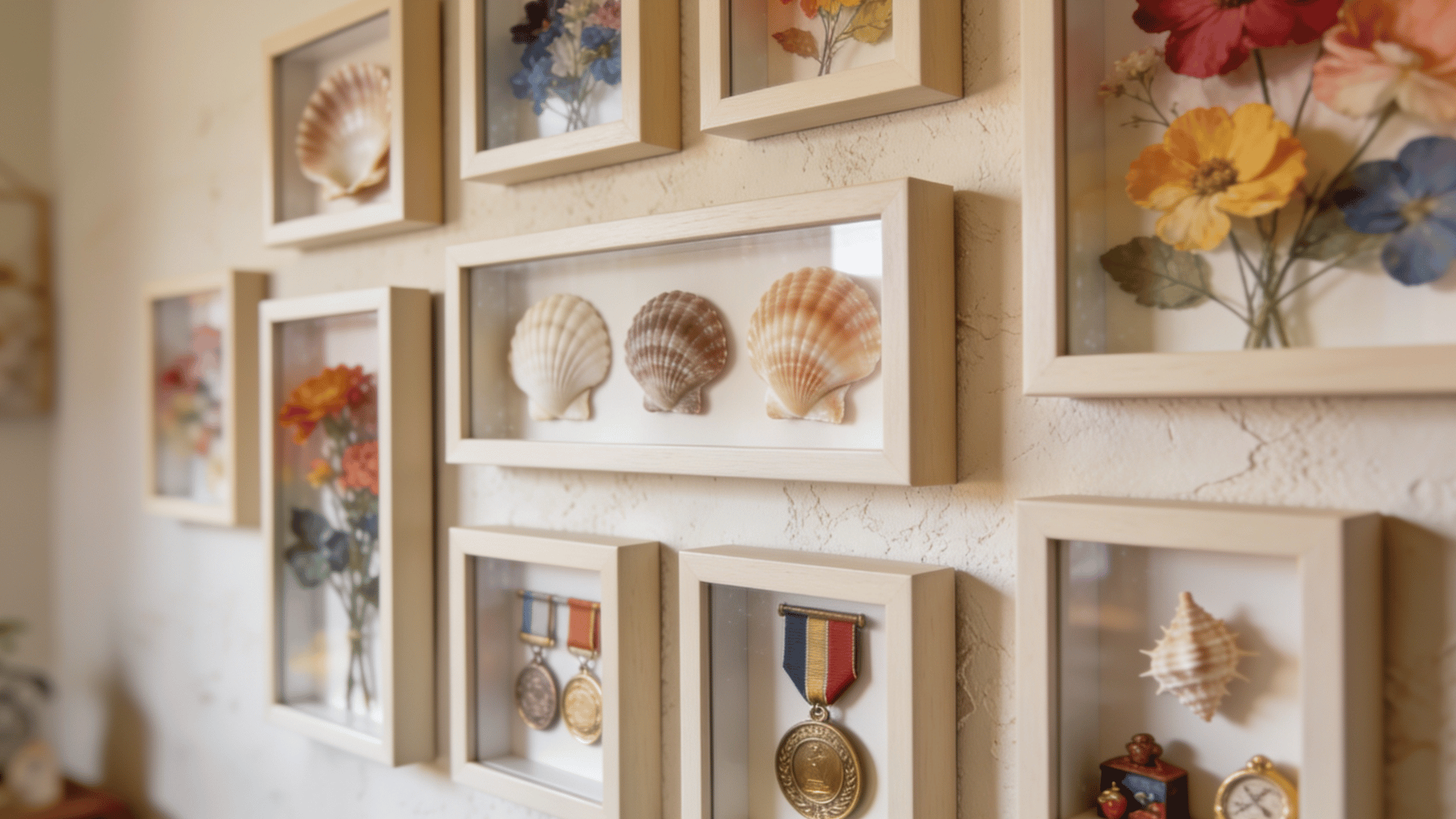 shadow box gallery wall displaying seashells flowers medals and keepsakes in light wood frames