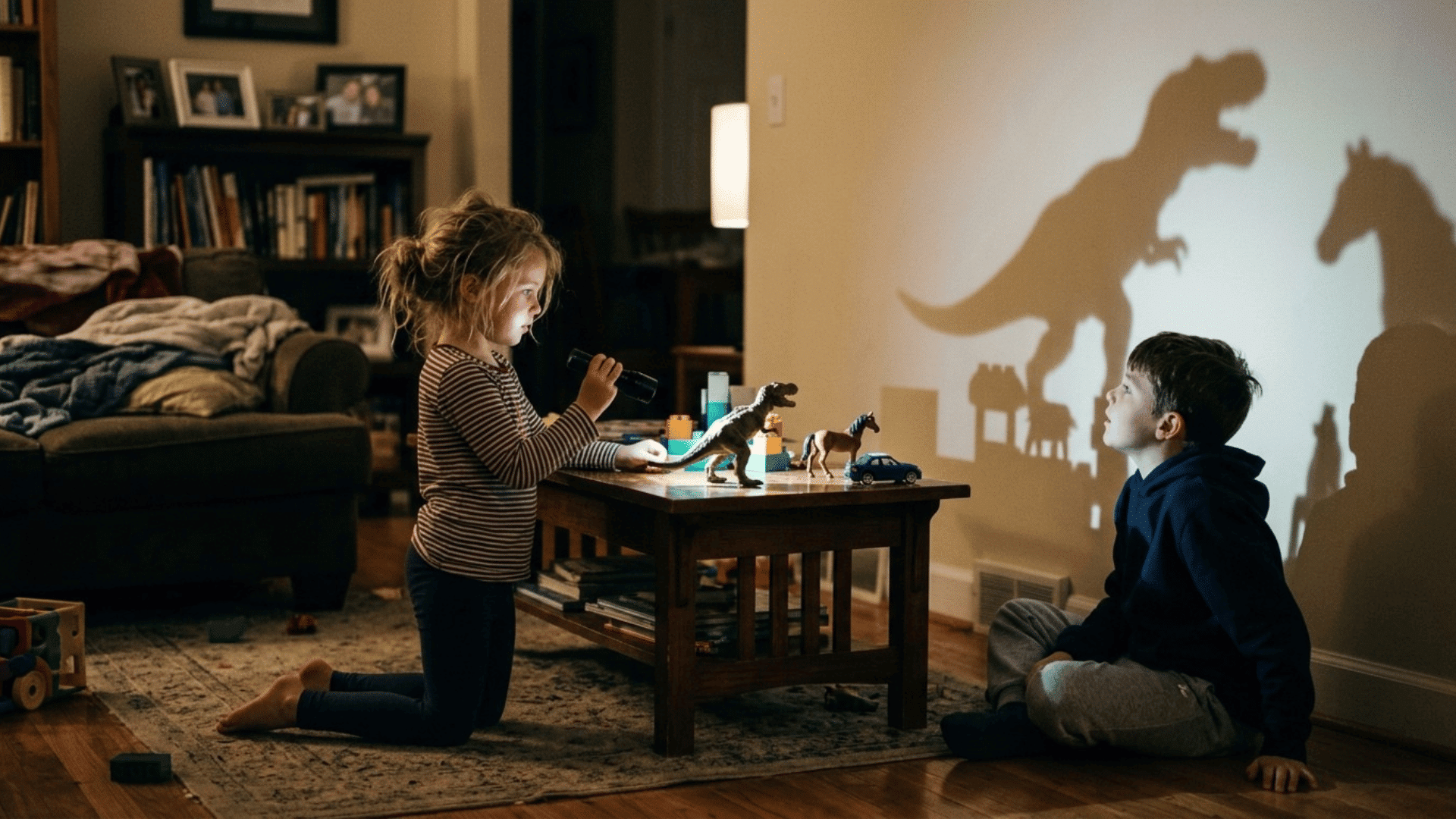 children using a flashlight to explore changing shadows on a living room wall