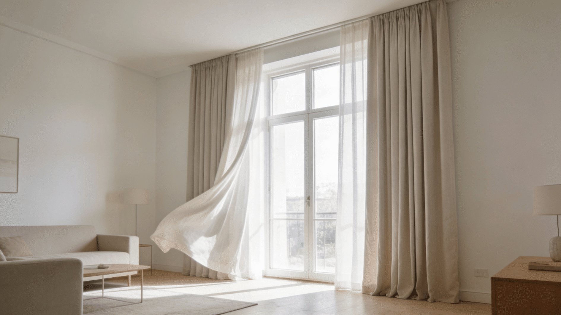 sheer linen curtains billowing in sunlight across large balcony doors in a minimalist living room