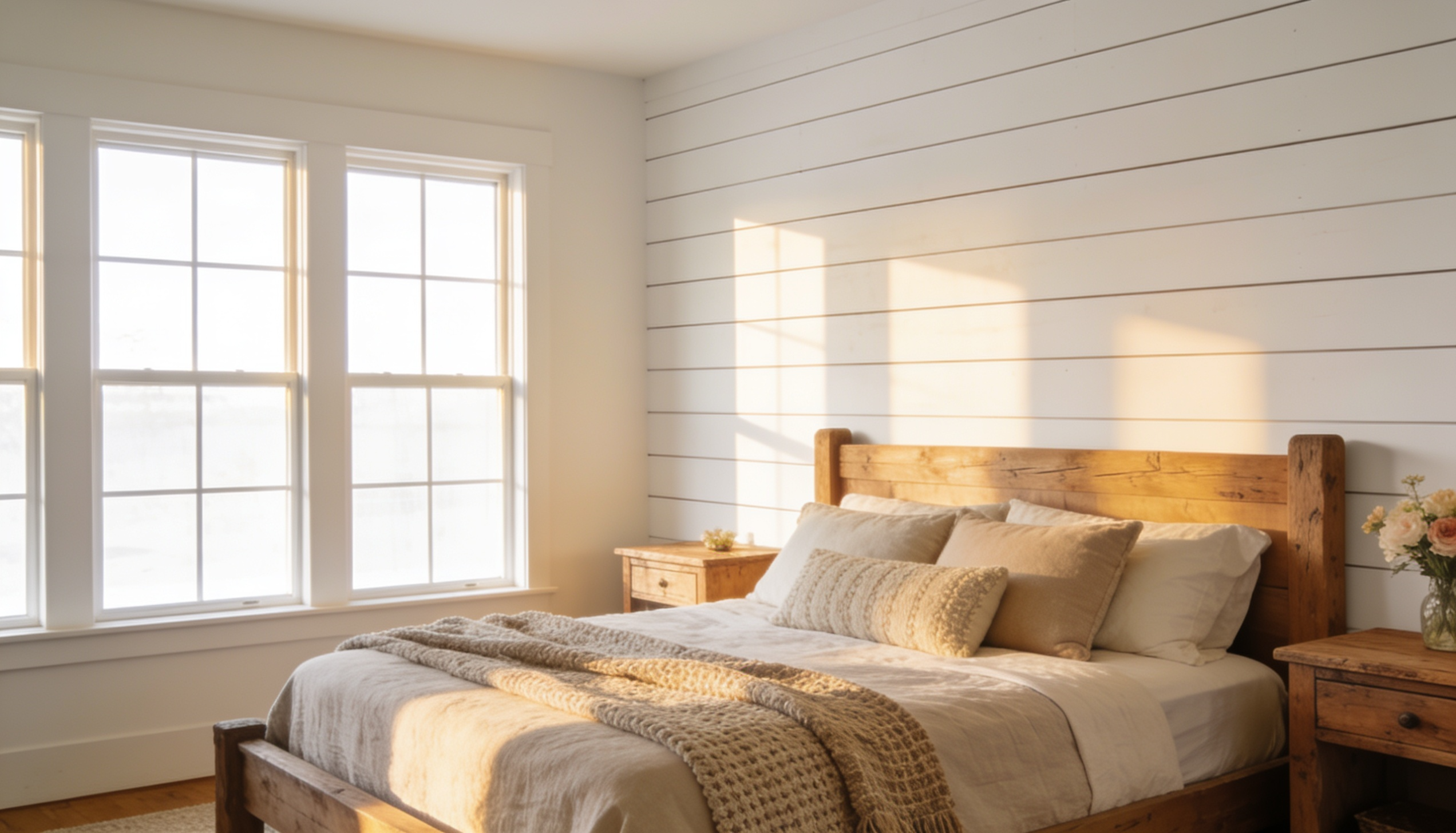 DIY shiplap wall with white horizontal boards creating a bright farmhouse look