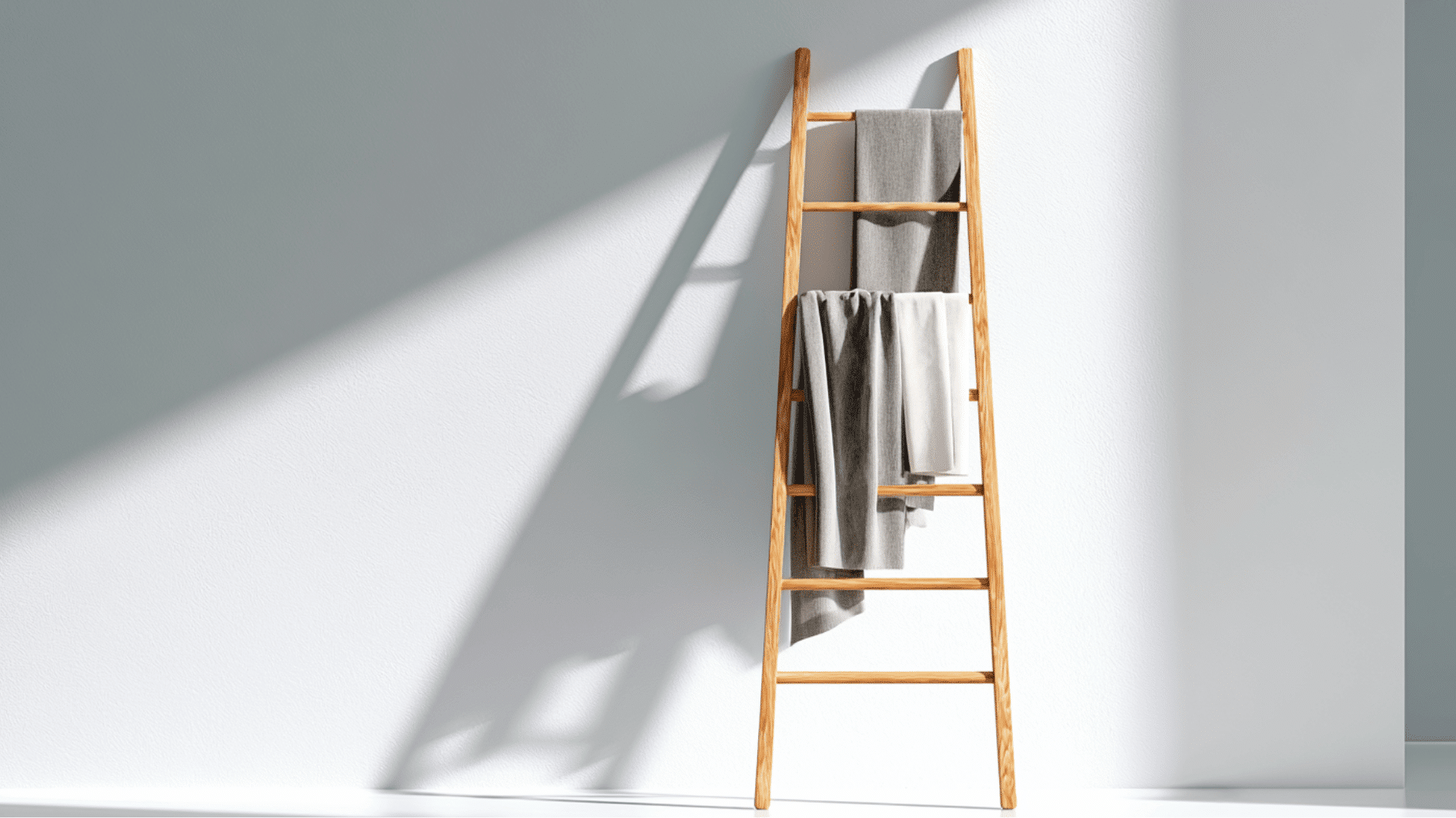 simple modern blanket ladder with clean lines and neutral throws in a bright contemporary room
