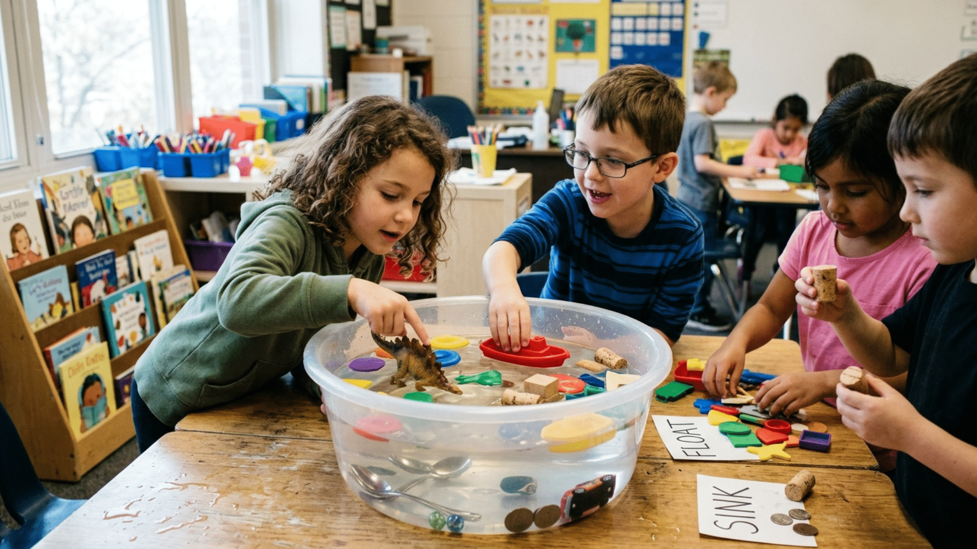 children testing different objects in a bowl of water to see which sink or float
