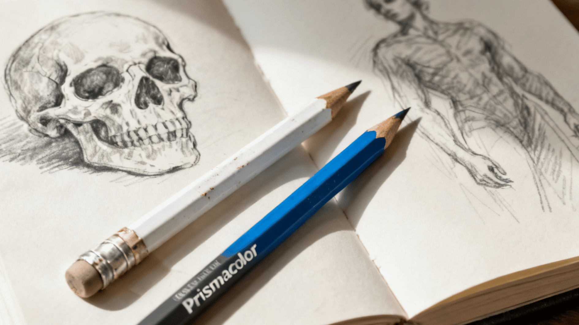 sketchbook showing detailed pencil drawings of a human skull and anatomy figure beside two drawing pencils
