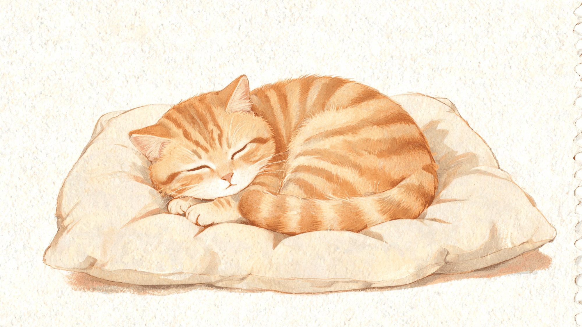 sleepy cat drawing curled on a pillow with closed eyes, curved tail, and cozy shadows