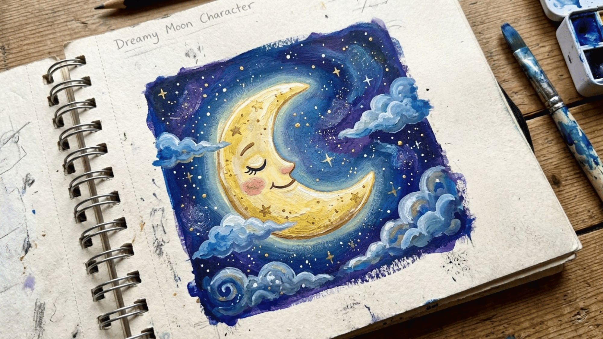 sleepy moon drawing with painting colors