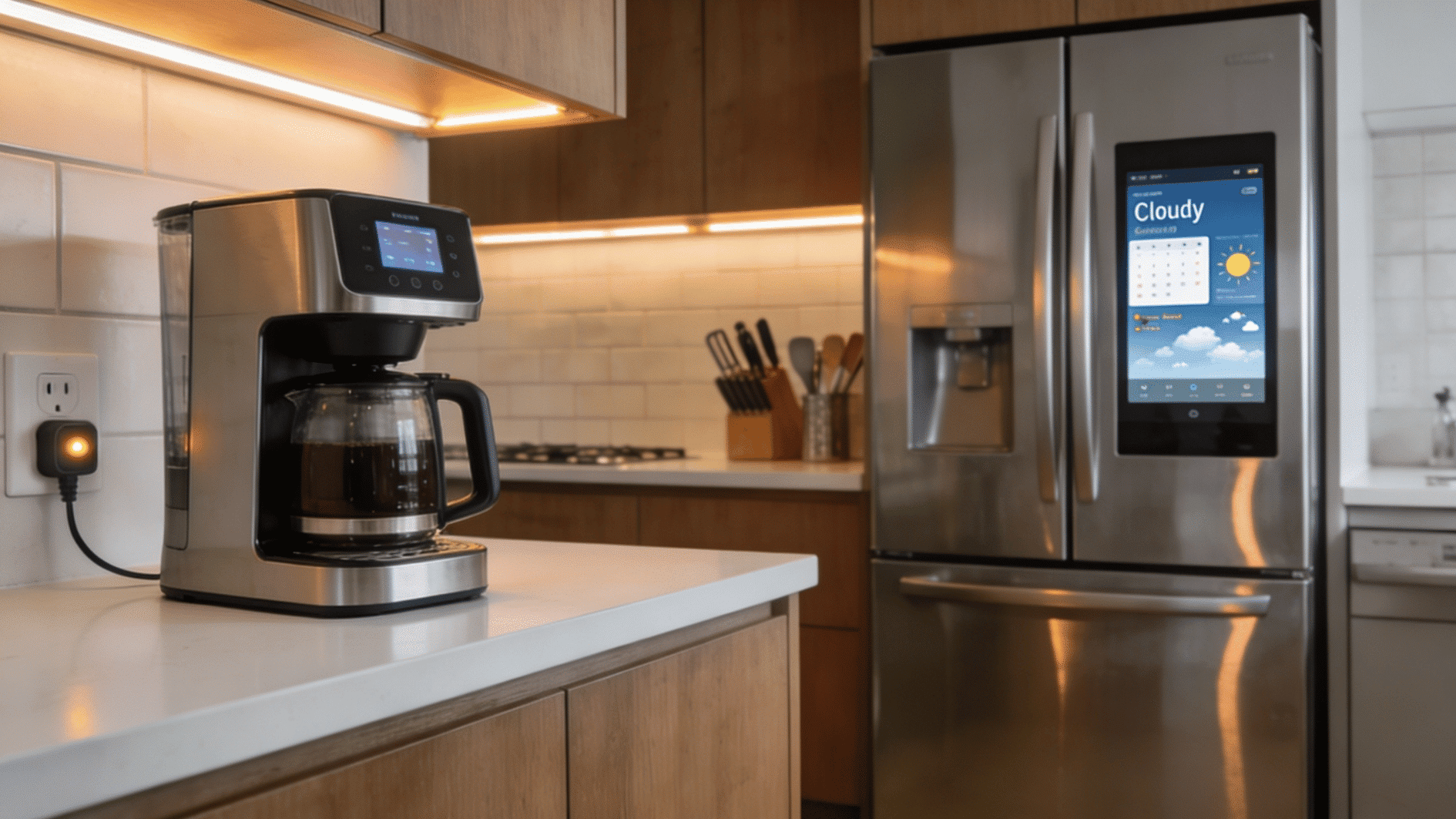 smart coffee maker and connected refrigerator with touchscreen display in a modern kitchen using smart home technology