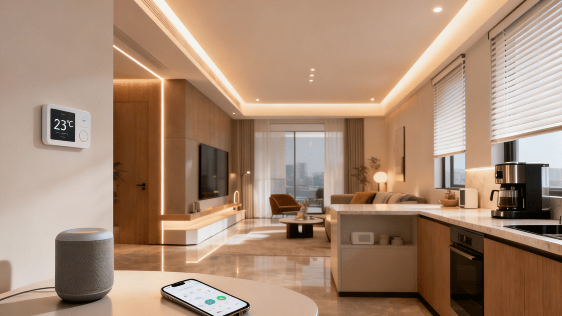 smart home system with voice assistant thermostat and smartphone controlling lighting climate and kitchen appliances