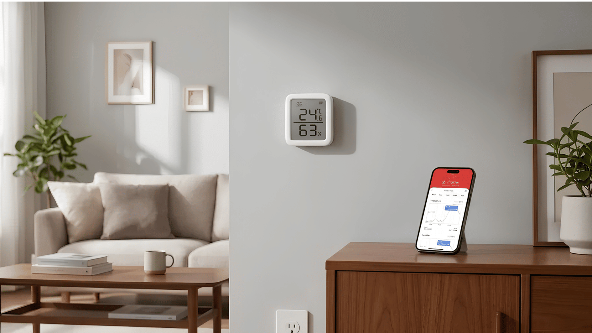 smart temperature and humidity sensor mounted on wall with mobile app monitoring indoor climate in modern living room