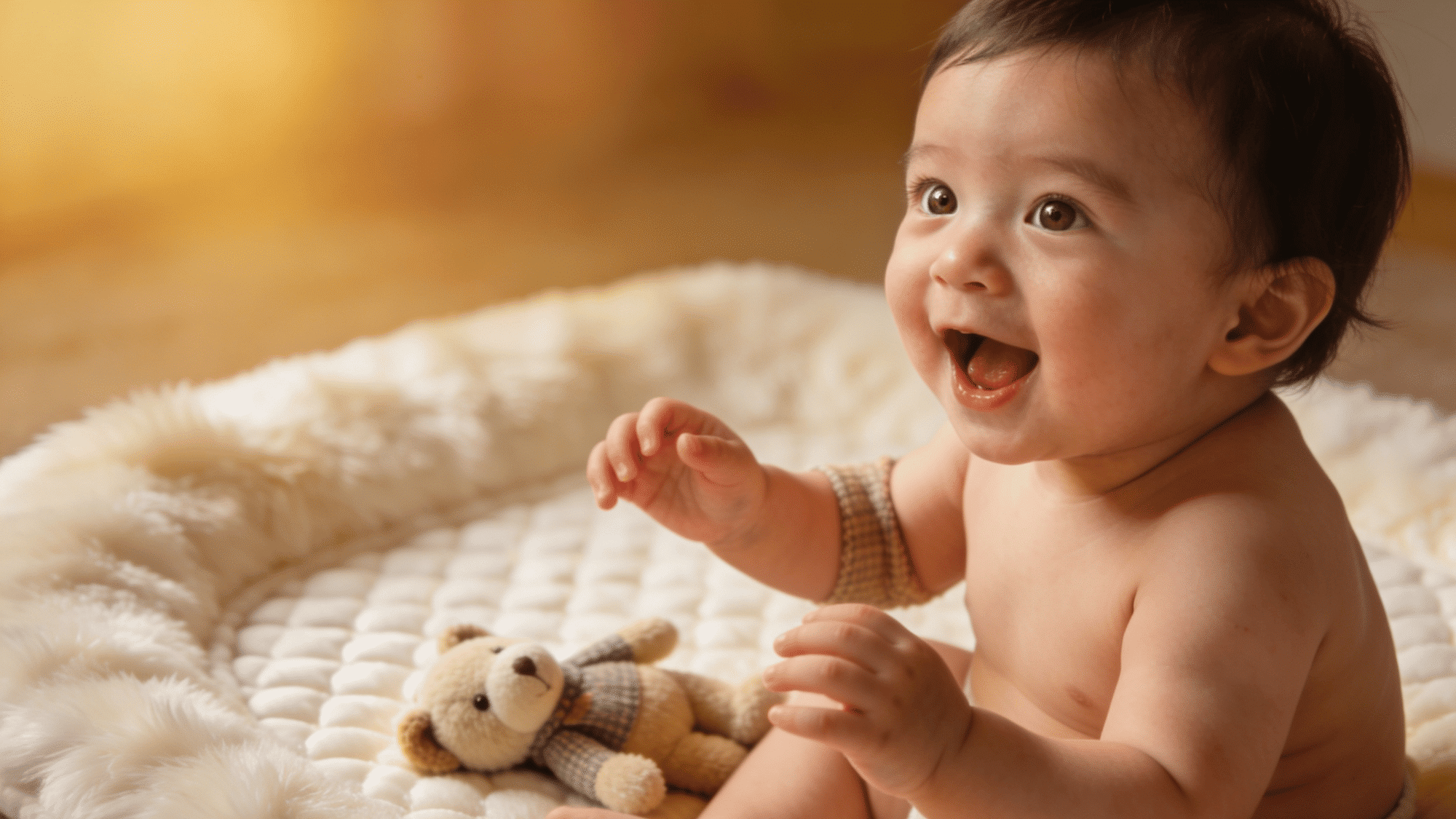 smiling baby sitting on soft blanket with teddy bear during language development stage