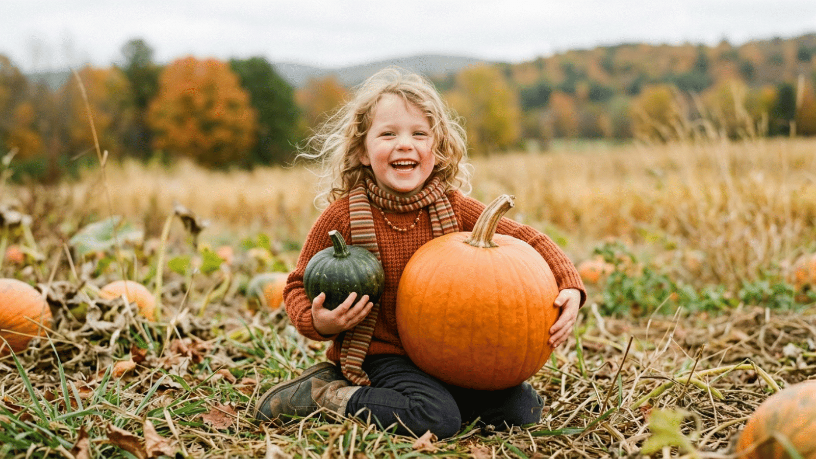 smiling child sitting in a pumpkin patch holding a large pumpkin and a small gourd, surrounded by a scenic autumn landscape