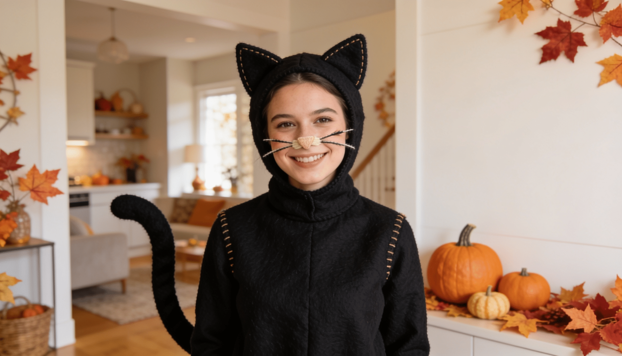 smiling person in a diy black cat costume with ears, tail, and whiskers standing indoors with halloween pumpkins and fall decor