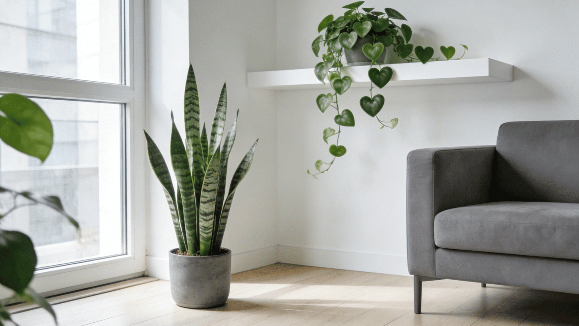 snake plant and trailing heartleaf vine beside a floating shelf in a bright minimalist corner