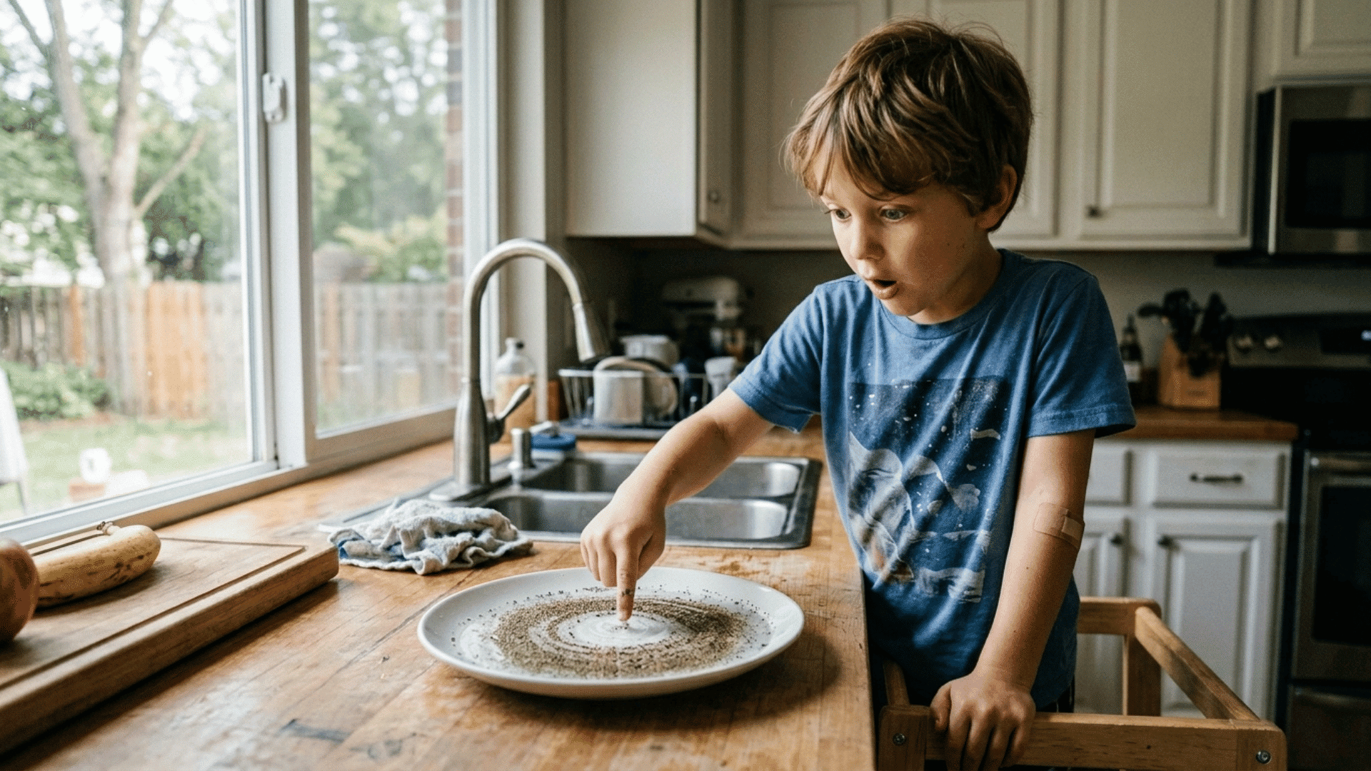 american child touching soapy finger to pepper water and watching the pepper spread across a plate