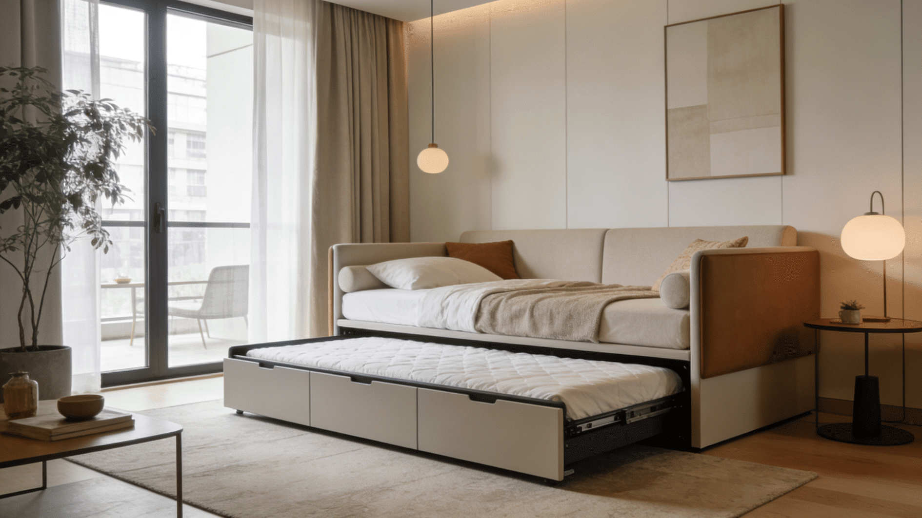 sofa bed with pull out trundle in a modern living room with soft lighting and balcony view